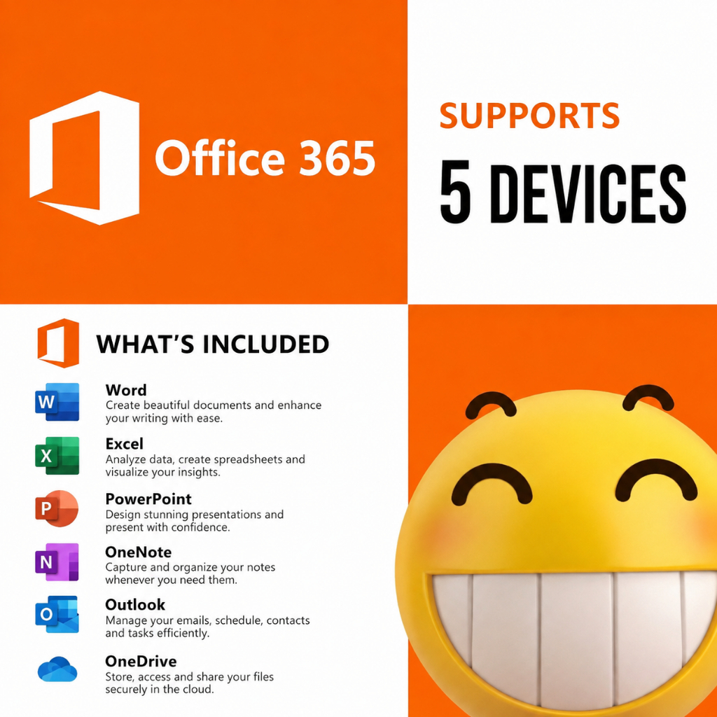 Microsoft Office 365 Original License Mac Windows Android iOS Tablet | 5 Devices Support | 1TB OneDr
