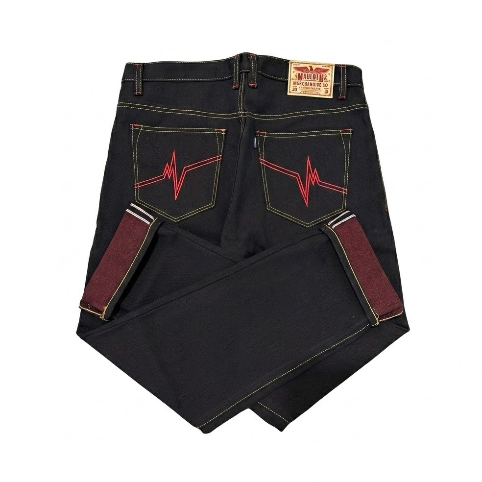 Celana Pria Denim Accent Selvedge 17 Oz Warna Merah