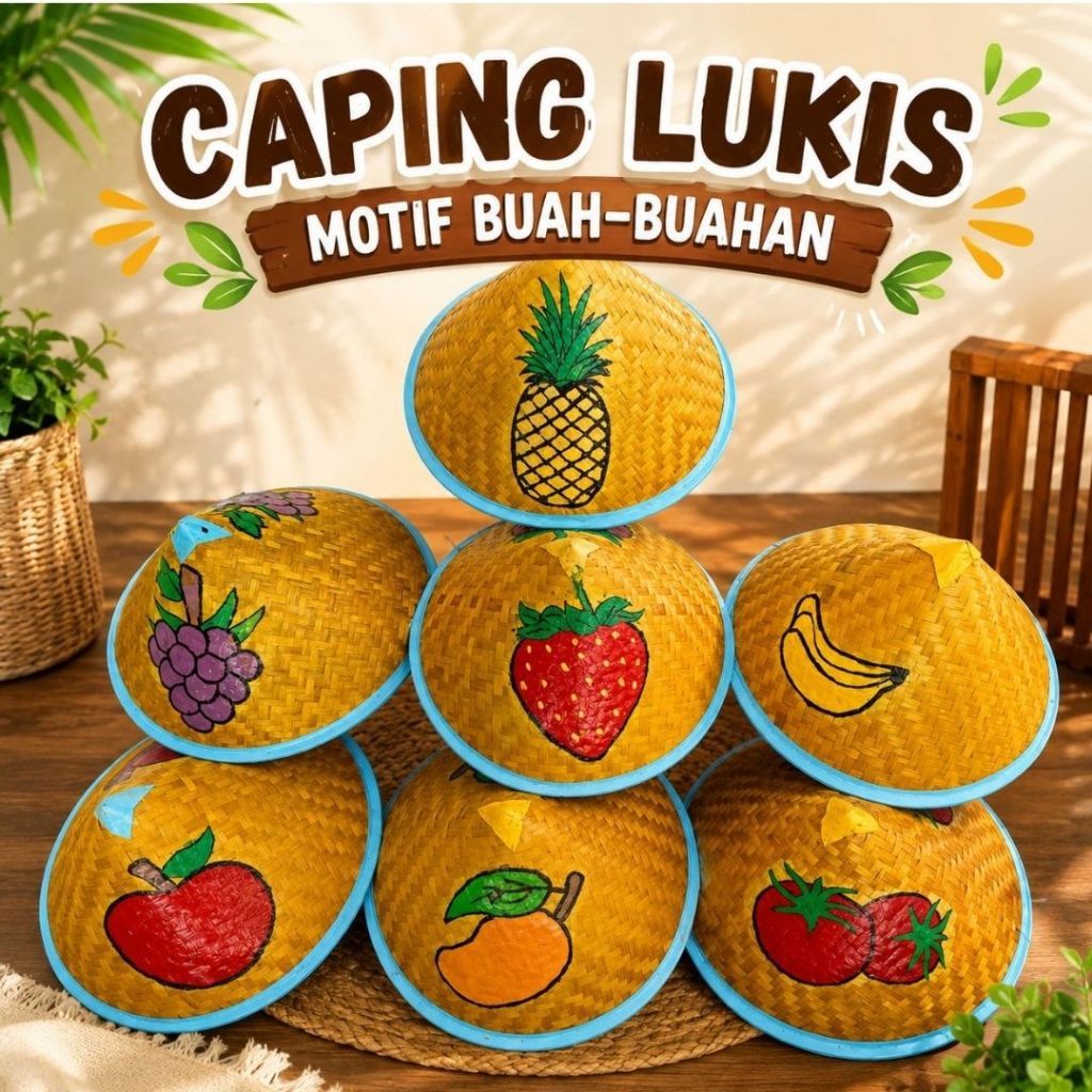 Caping Lukis Tema Buah Buahan / Caping Anak/ Caping Bambu Lukis