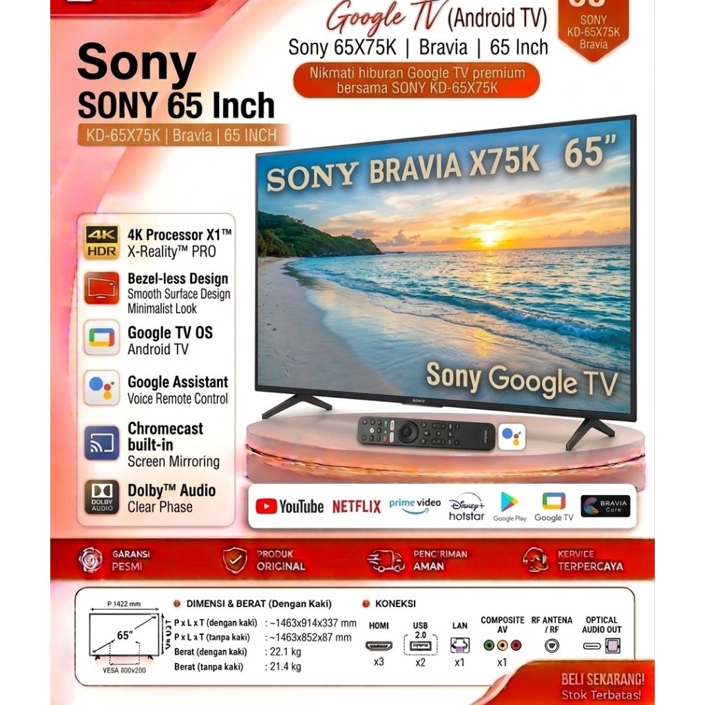 Sony TV 65 Inch KD-65X75K Bravia 4K UHD Google TV Smart TV Original EX Display