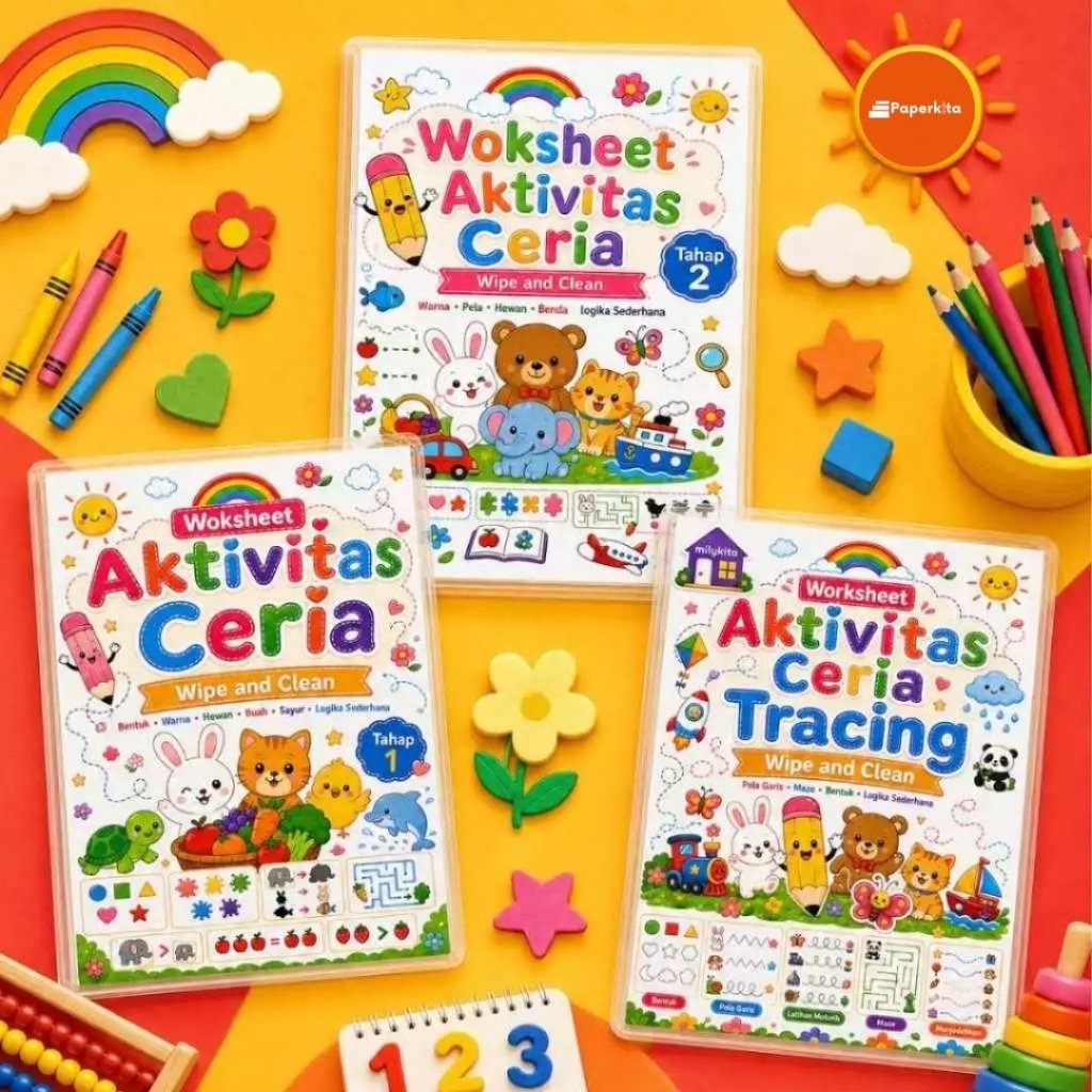 Worksheet Aktivitas Ceria A4 Wipe Clean Map Holder Buku Aktivitas Anak PAUD TK Bisa Dihapus