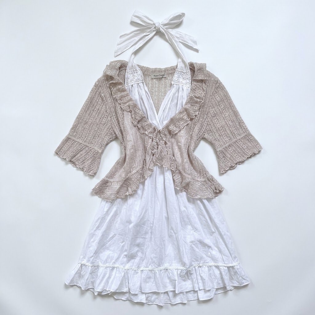 Rosa Ch3r1 Floral Knit Pointelle Ruffle Fairycore Cardigan + Halter V Neck Bustier Eyelet White Summ