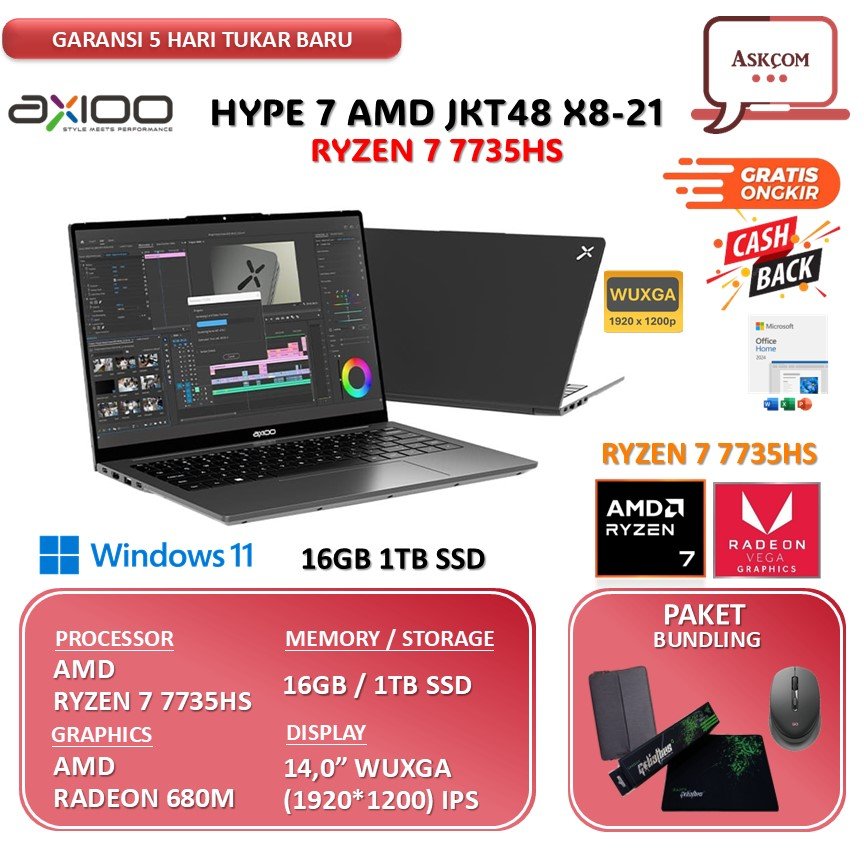Laptop Axioo Hype 7 AMD JKT48 X8-21 Ryzen 7 7735HS 16gb 1tb SSD 14.0inch WUXGA IPS Windows11+office 