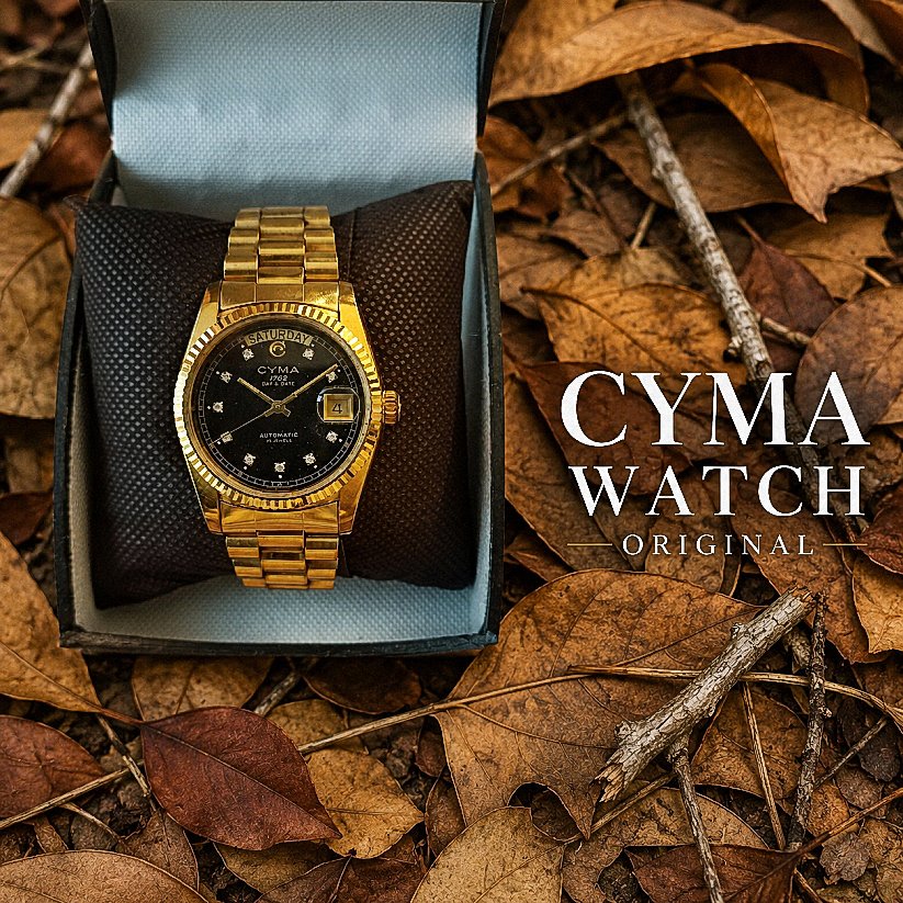 Jam Tangan CYMA Watch Original Automatic Gold Tone Dial Hitam Pria