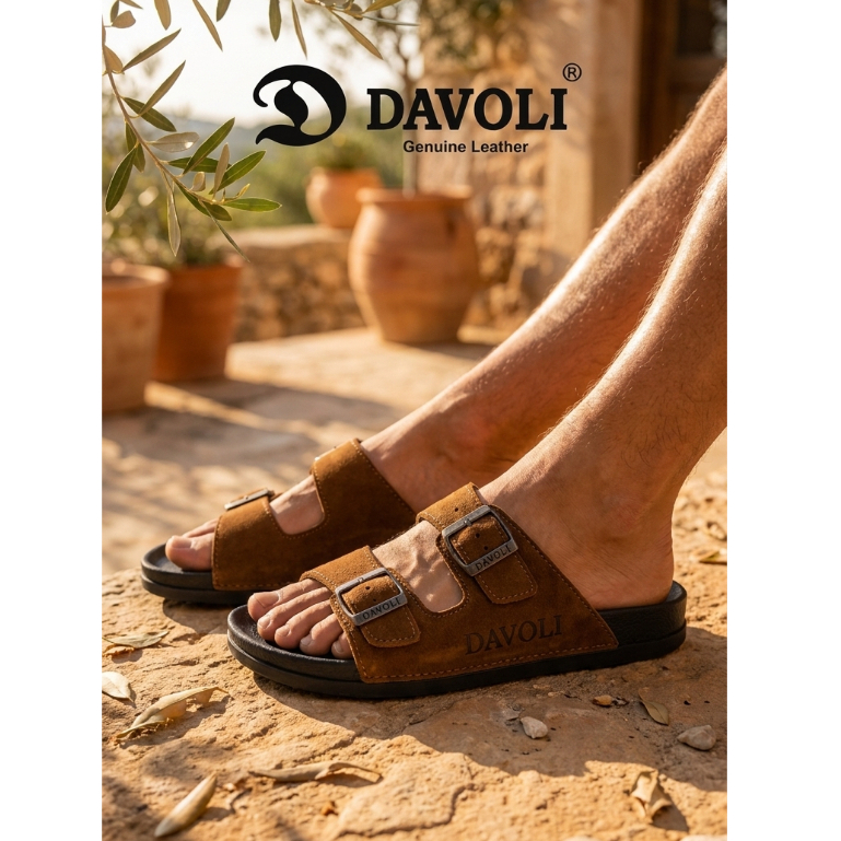 Rekomendasi Sandal Kulit Asli Pria | Sporty | Tampil Gaya Kasual - Tan 3001 - DAVOLI