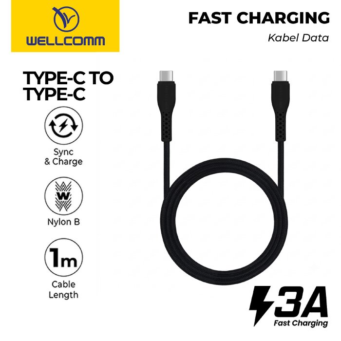 Kabel Data Wellcomm Fast Charging 3A Nylon B Weave Type-C - C 1M 100cm