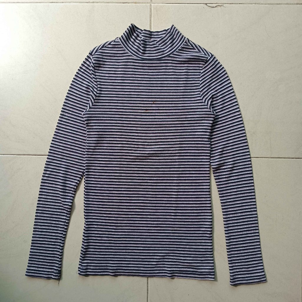 Long Sleeve Striped Tee Mock Neck