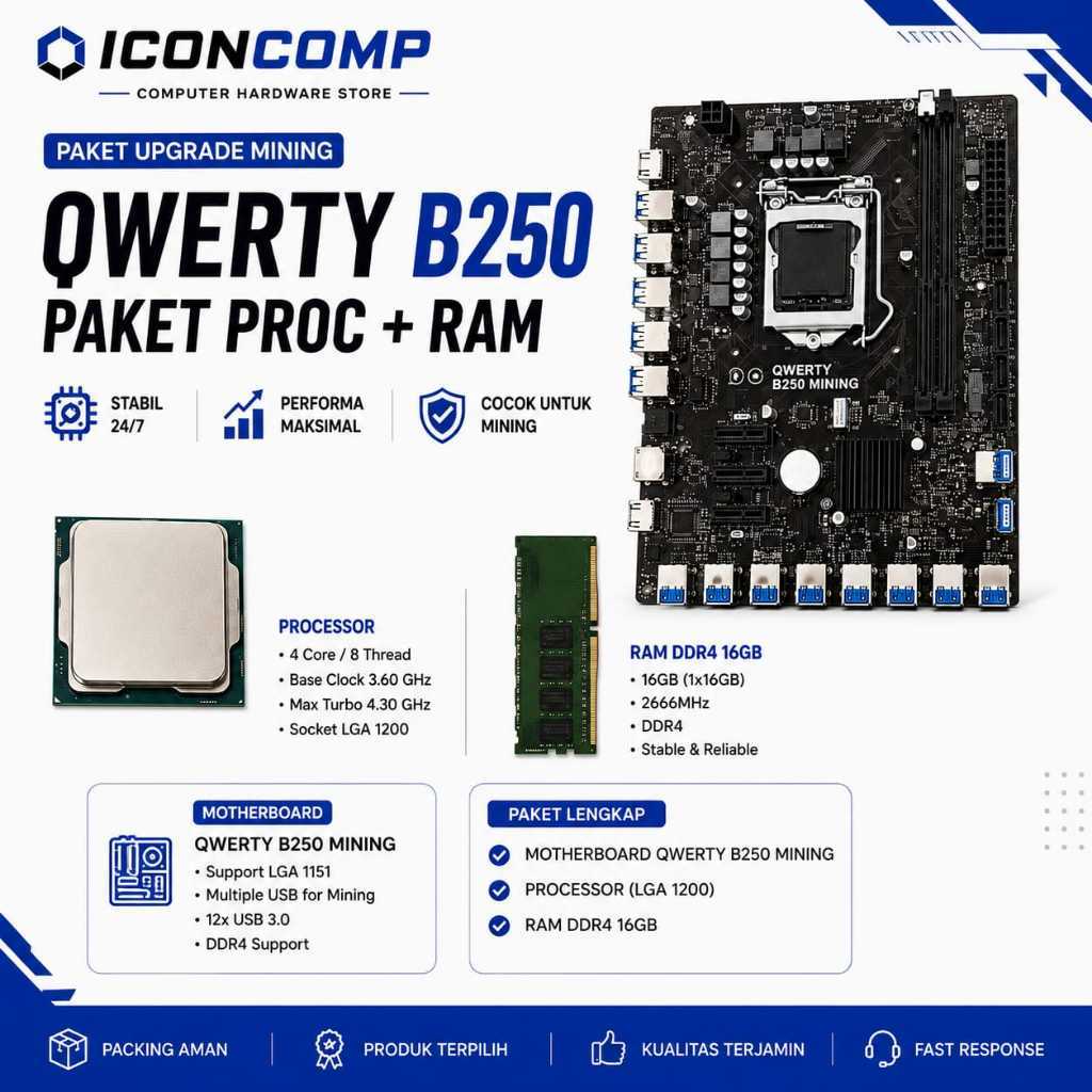 MOTHERBOARD QWERTY B250 MINING PAKET PROC+RAM