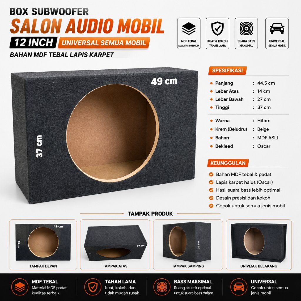 Box Subwoofer Salon Audio Mobil 12 Inch Universal Semua Mobil Bahan Mdf Tebal LAPIS KARPET