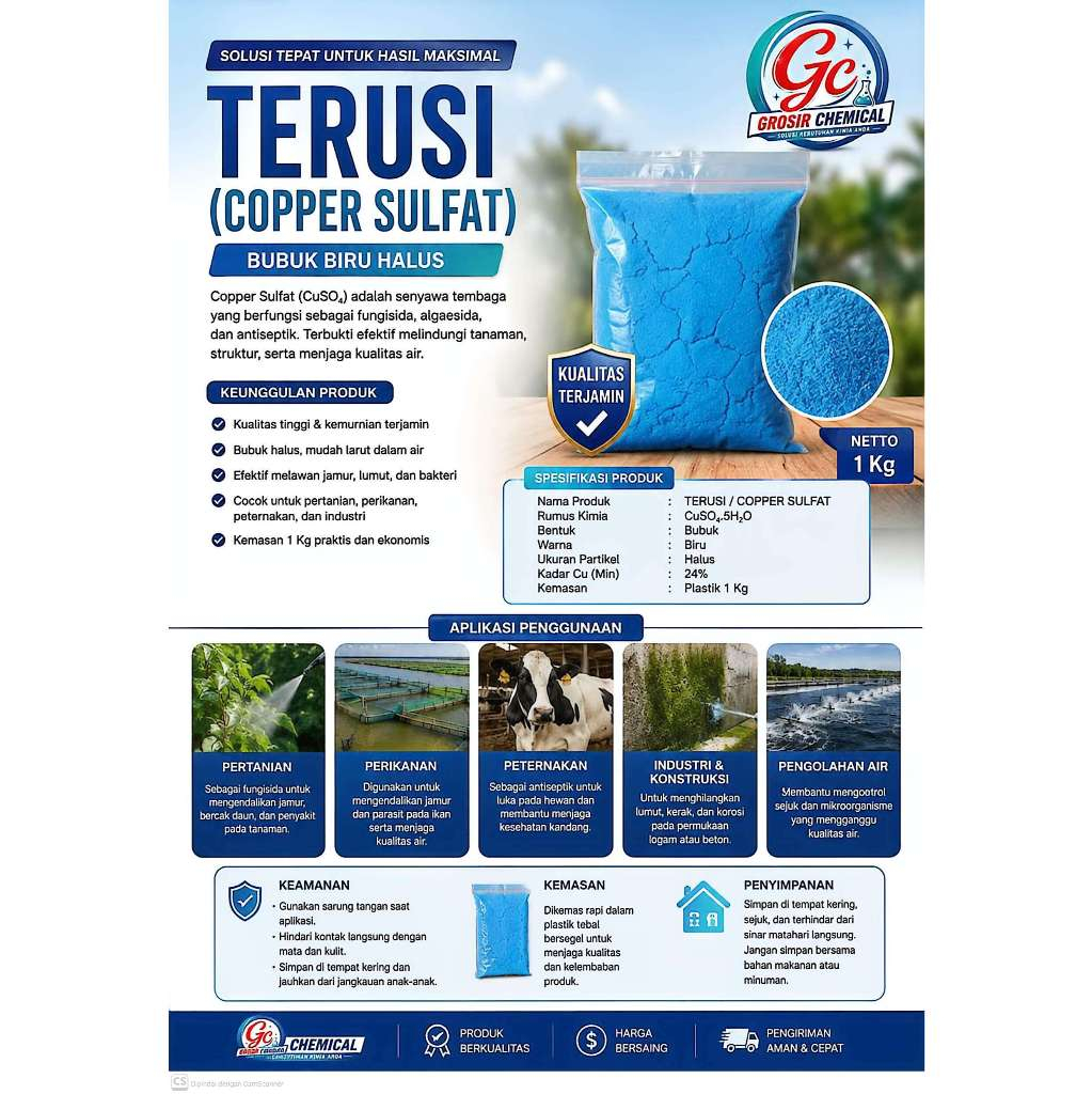 Terusi Bubuk 1kg - Pembunuh Alga, Fungisida, Pewarna Biru Kolam