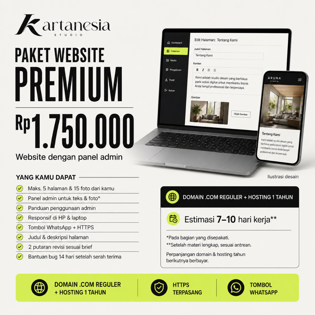 Paket Website Premium dengan Panel Admin Domain .COM Regular + Hosting 1 Tahun