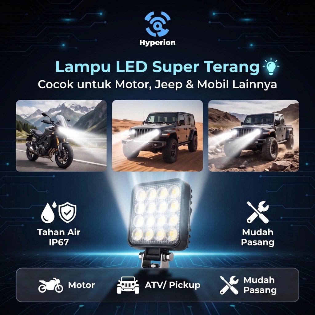 HYPERION Lampu Tembak LED 48W 12V 24V Mobil Motor Truk - Lampu Sorot Offroad Foglamp Anti Air