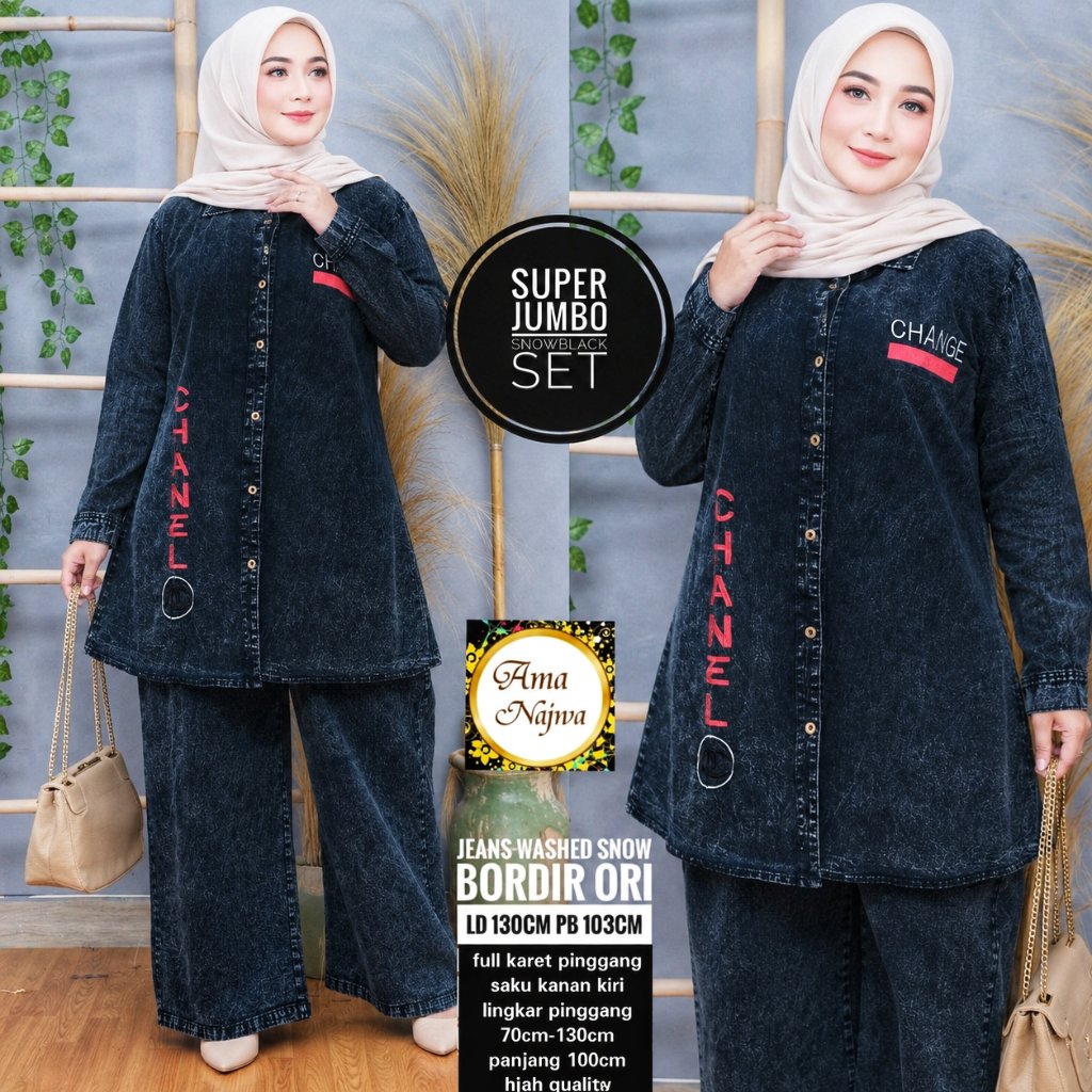 Super Jumbo Set 2 Kemeja Jeans Tunik + Celana Kulot LP 70-130 LD 130 BB 120kg Jumbo Muslimah