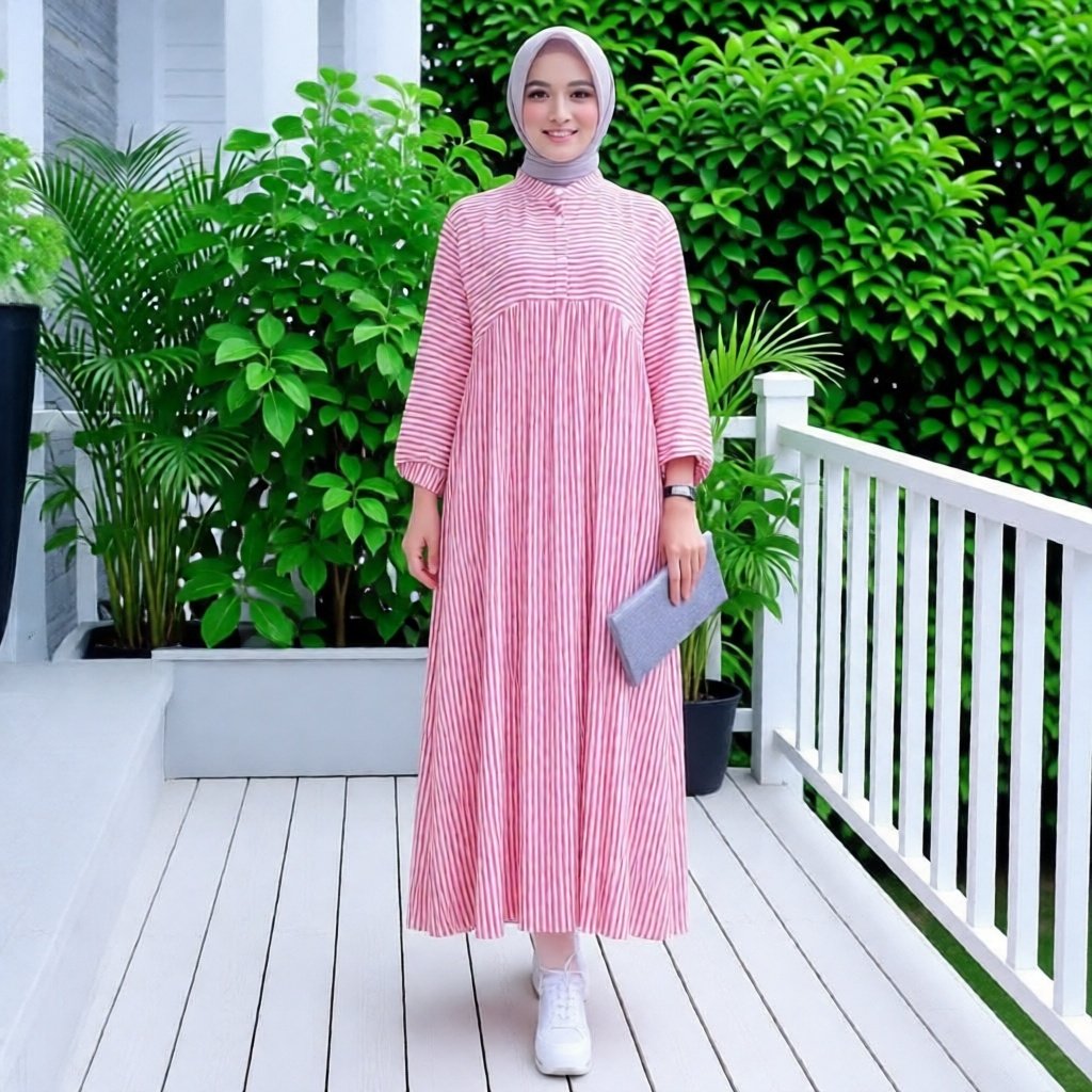 MIDI DRESS MOTIF SALUR KATUN PREMIUM TRENDY KEKINIAN BUSANA MUSLIM WANITA BUSUI FRIENDLY GAMIS MOTIF
