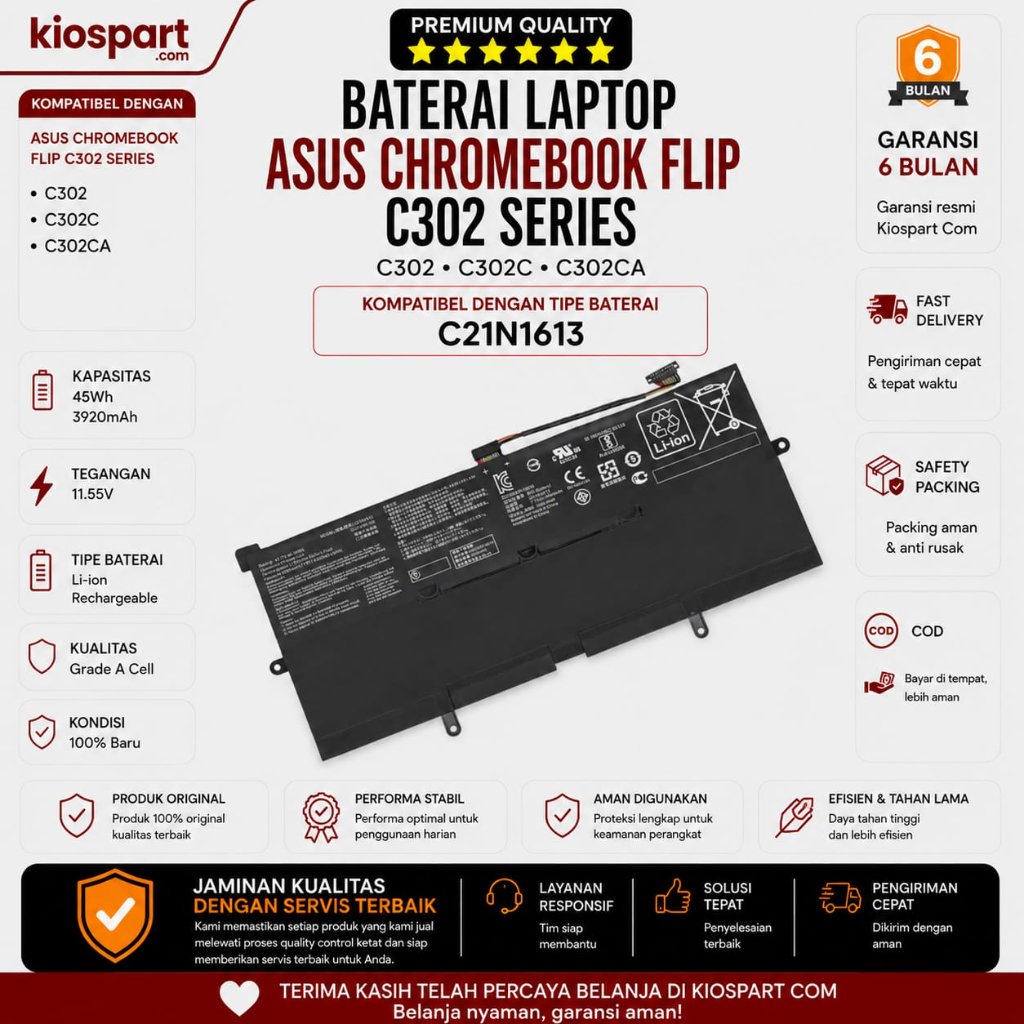 Baterai Laptop ASUS Chromebook Flip C302 C302C C302CA C21N1613 Garansi 6 Bulan - Kiospart Com