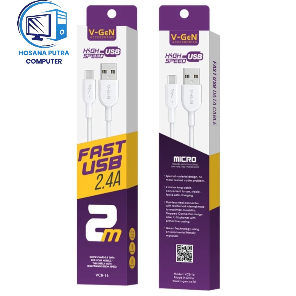 Kabel Data Micro USB VGEN VCB16 Fast Charging MicroUSB Data Cable V-Gen VCB-16 2Meter Original