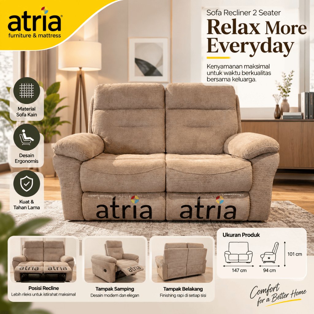 Atria Lala Sofa 2 Seater Recliner Fabric Multifungsi Minimalis  147 X95x101 Grey Brown