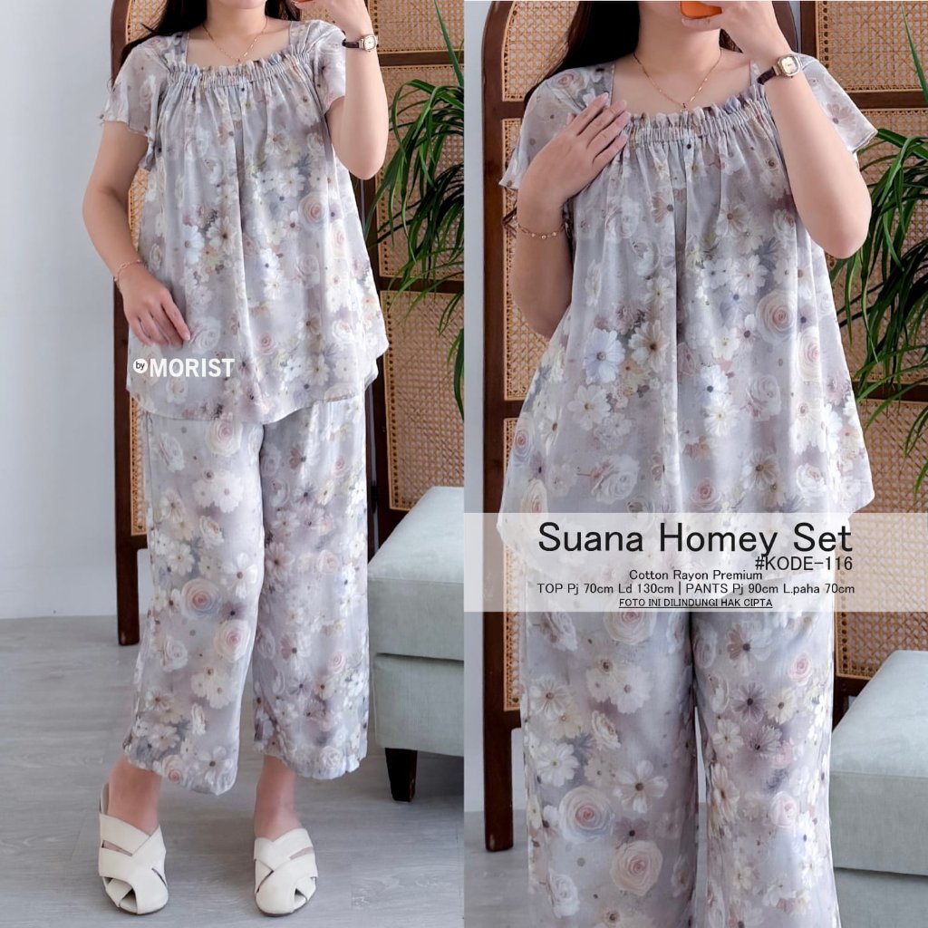 Setelan piyama wanita MORIST Suana Homey Set kode 116 atasan lengan pendek dan celana panjang motif 