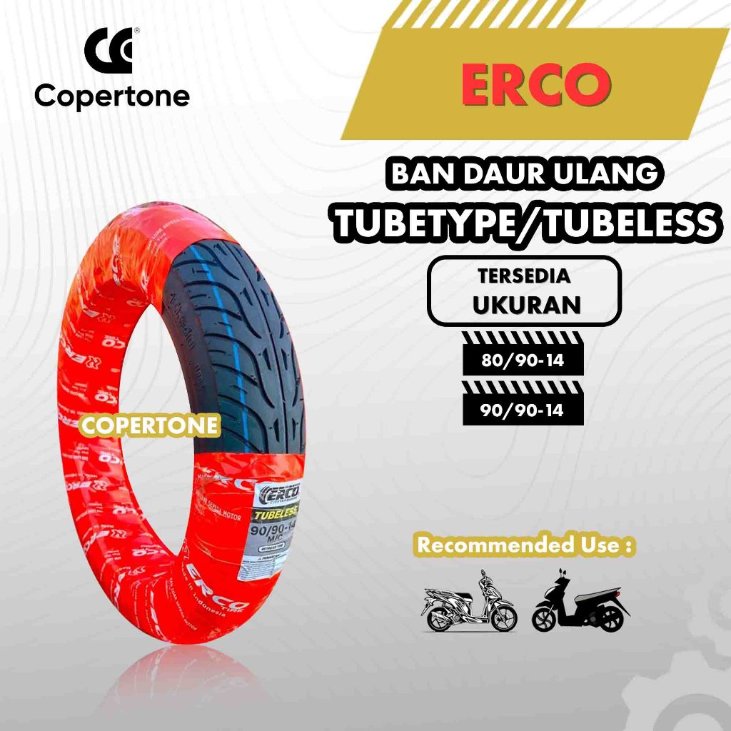 ERCO BAN LUAR MOTOR MATIC MERK ERCO 80/90 & 90/90 RING 14 TUBELESS FULL PRESS DAUR ULANG - SEMUA MOT