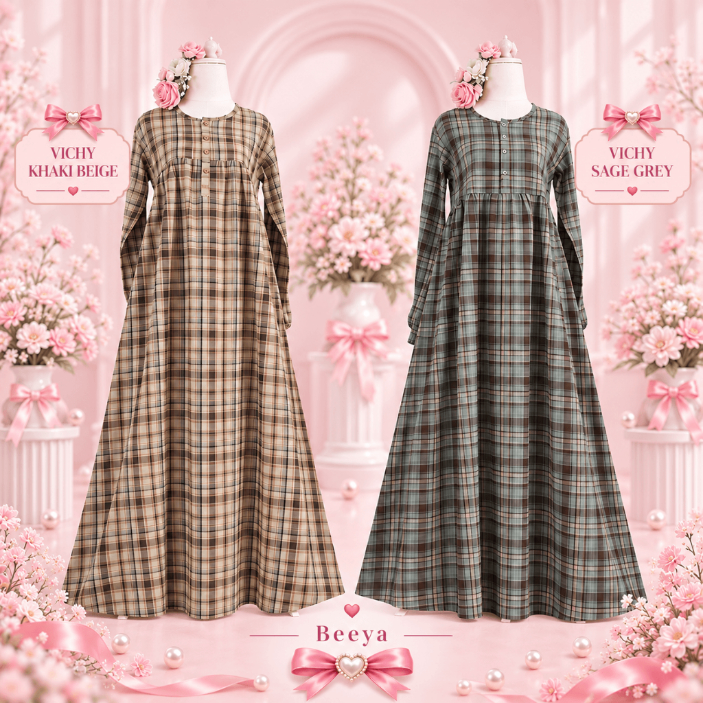 14. Ditsy Gamis Muslim Wanita Vichy Khaki Beige dan Vichy Sage Grey
