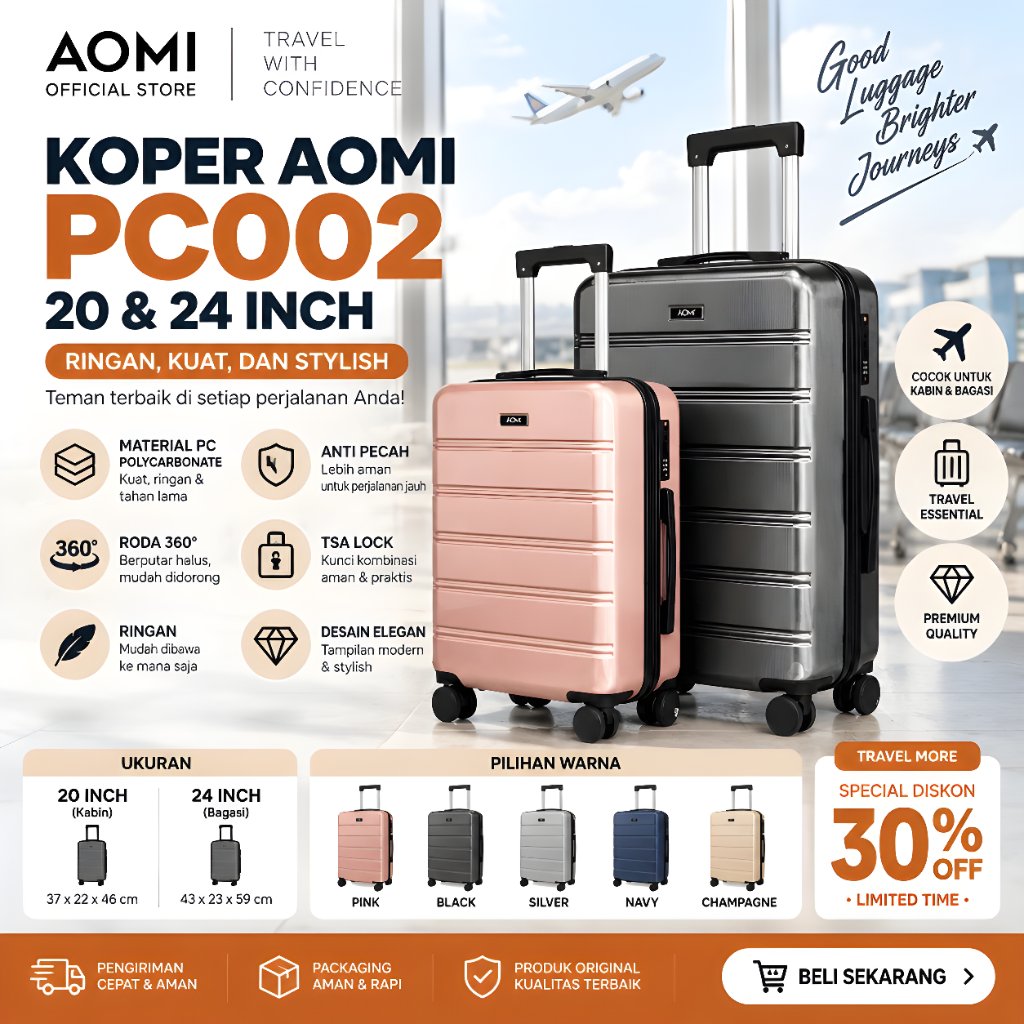 Koper AOMI PC002 20 & 24 Inch – Koper PC Ringan Roda 360° untuk Kabin & Bagasi