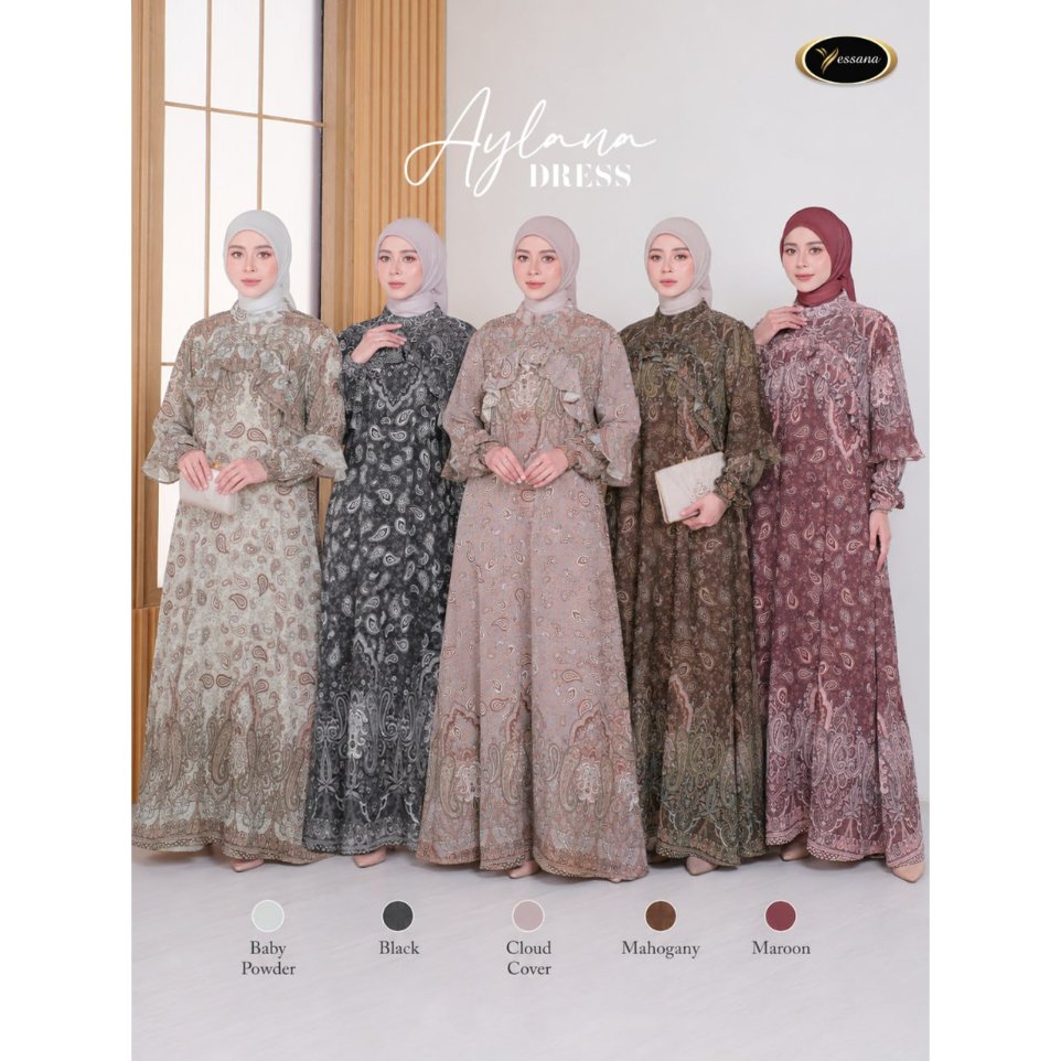 Gamis Muslim Wanita Aylana Dress Motif Paisley Lengan Karet Yessana Dress Terbaru