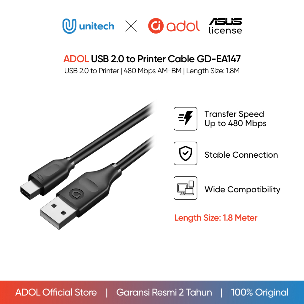 Unitech USB 2.0 Printer Cable 480Mbps 1.8M