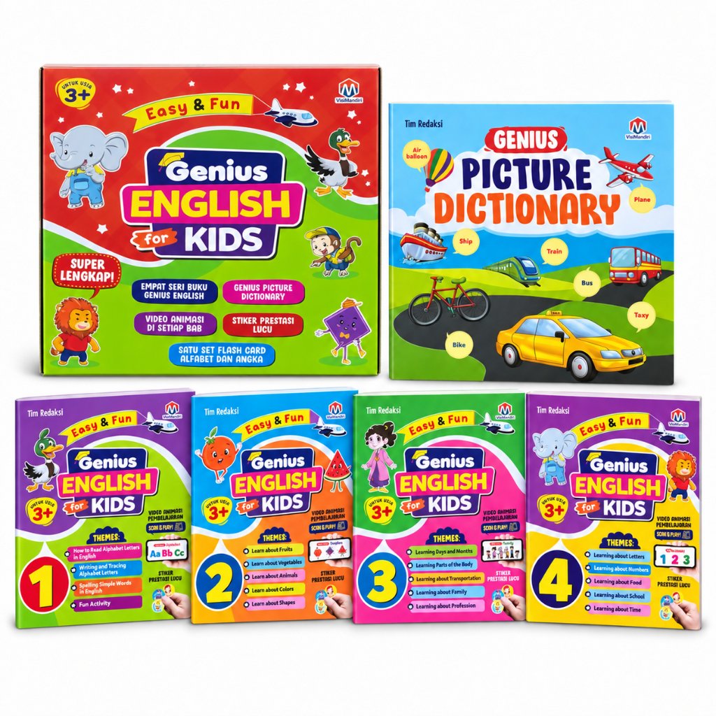 1Set isi 5 Genius English for Kids Usia 3+ – 4 Buku Utama + Picture Dictionary, Belajar Bahasa Inggr