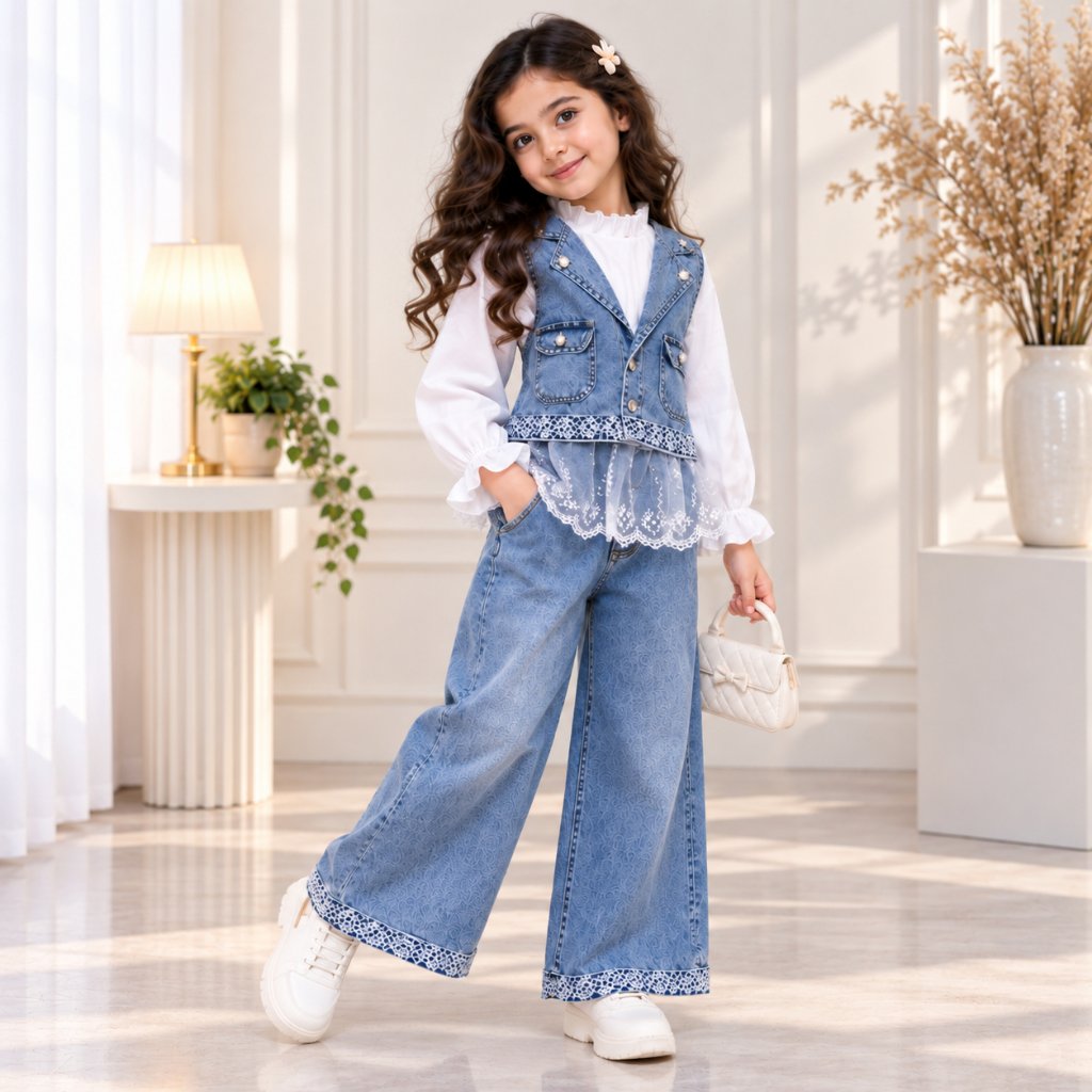 Setelan Baju Anak Perempuan Korea Style Outer Rompi Jean Levis Kulot Renda Import Usia 3-10 Tahun
