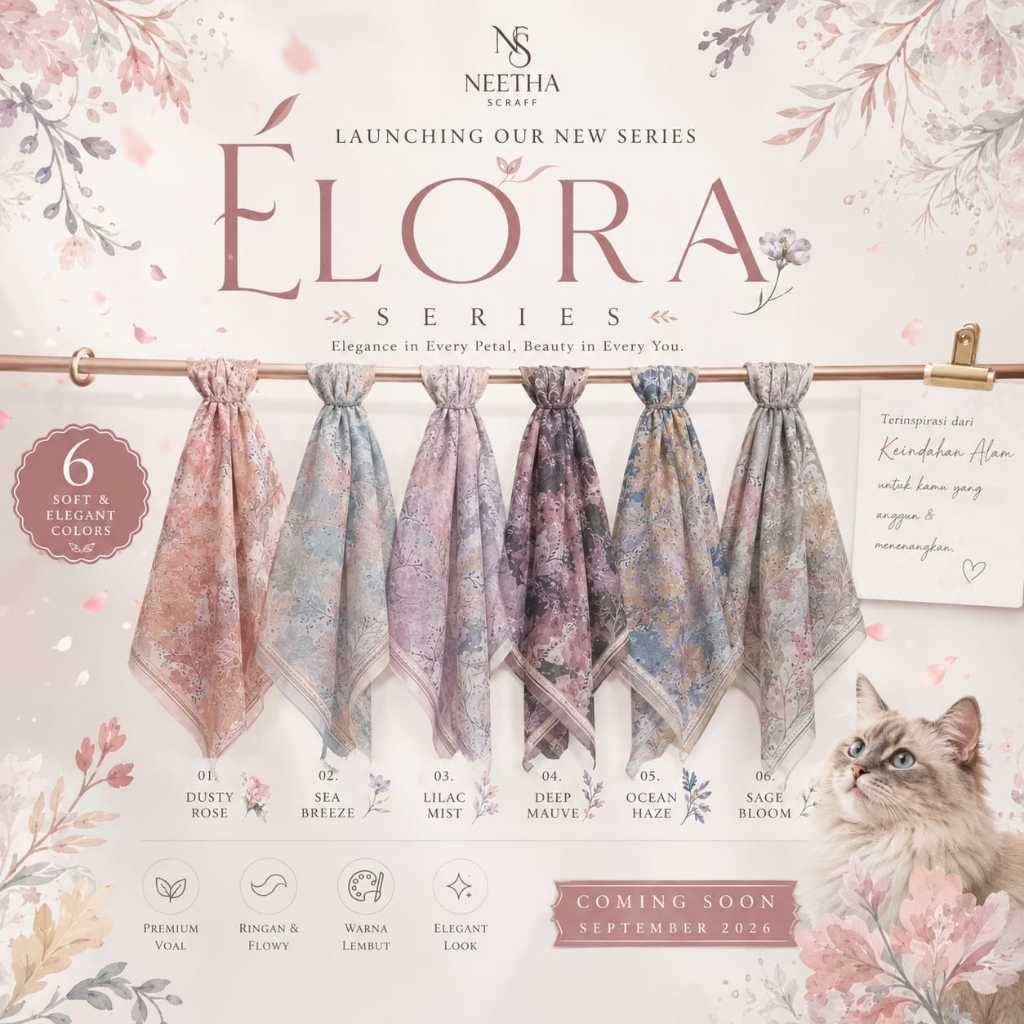 Hijau Voal Neetha Scraff Elora Series 6 Warna Dusty Rose Sea Breeze Lilac Mist Deep Mauve Ocean Haze