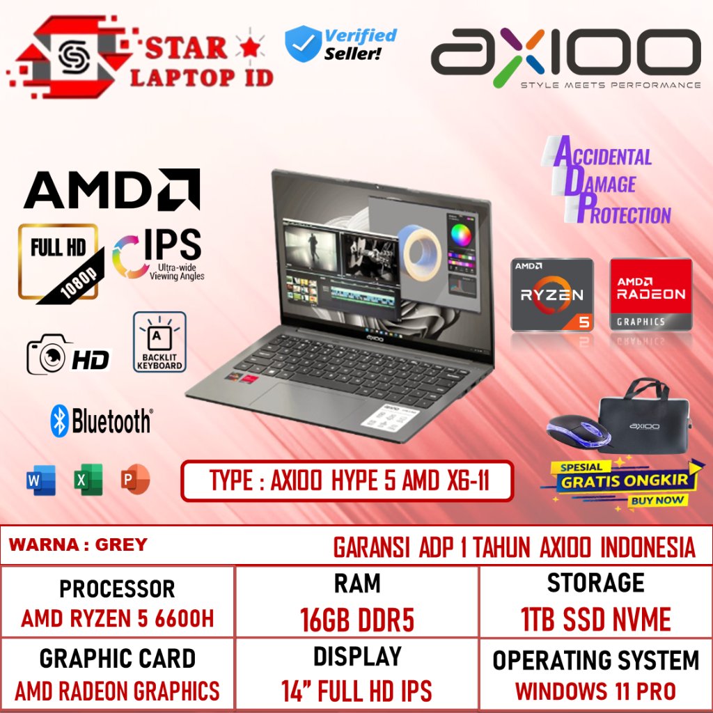 PROMO Laptop Axioo HYPE 5 AMD X6-11 Amd Ryzen 5 6600H 16GB DDR5 1TB SSD 14 Inch Full HD IPS Windows 