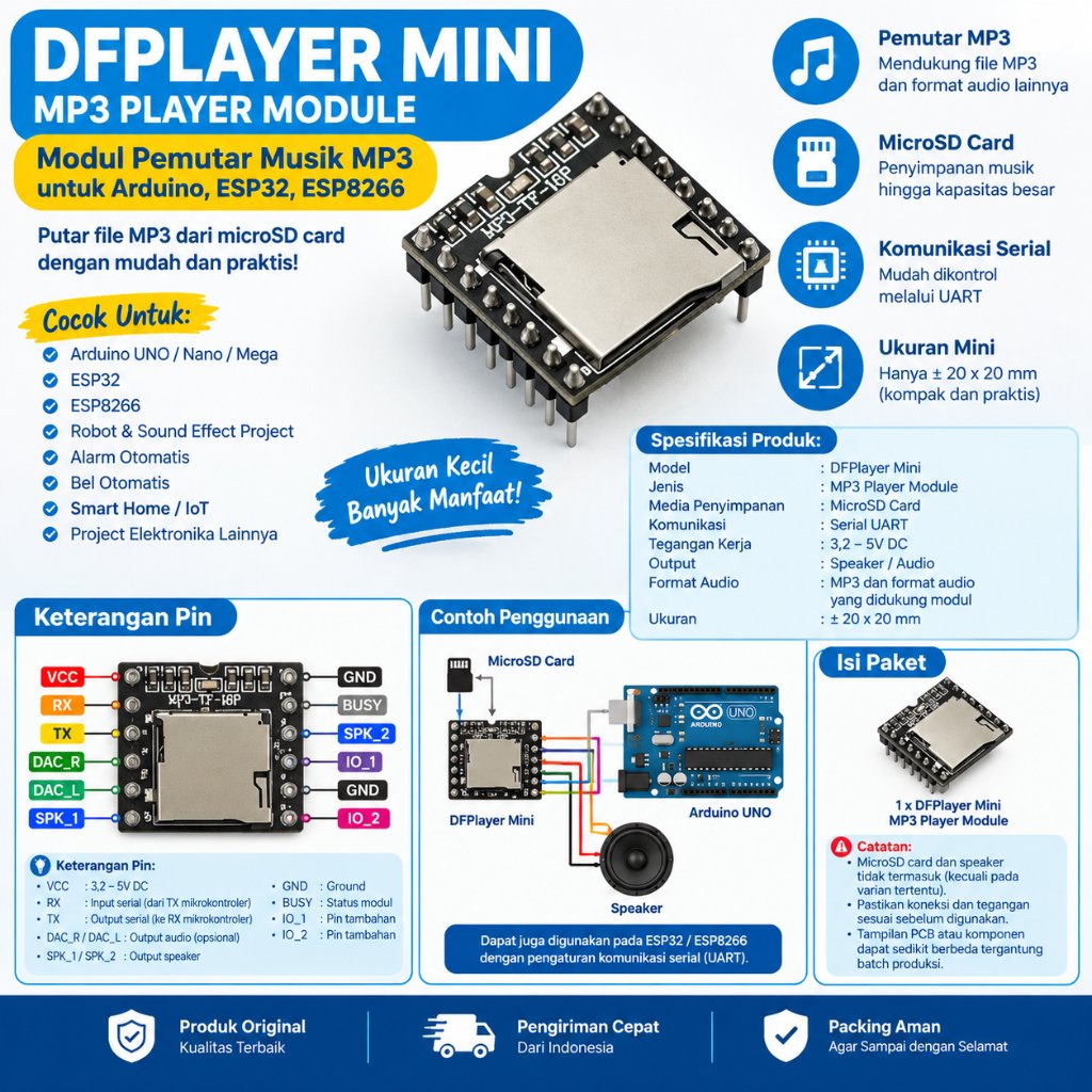 DFPlayer Mini MP3 Player Module Modul Pemutar Musik MP3 Arduino