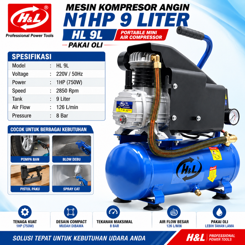 HNL H&L HL MESIN KOMPRESOR ANGIN OLI 1 HP 9 Liter 9L 750 Watt Portable Mini Air Compressor DIRECT Pa
