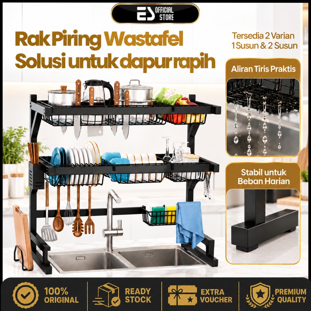 ES Rak Piring Wastafel Dapur Stainless Steel Rak Dapur Rak Penyimpanan Piring Tidak mudah karat