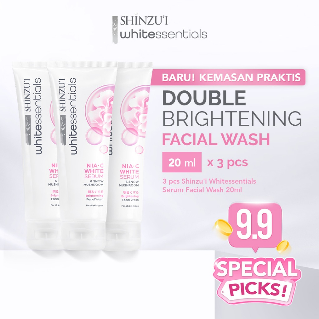 Shinzui WHITEssentials Double Brightening Facial Wash Snow Mushroom 20 ml isi 3 pcs