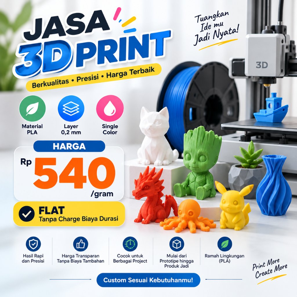 Jasa 3D Print Custom PLA | Single Color | Rp540/Gram HARGA FLAT I Layer 0.2 mm | Cetak Model STL | B
