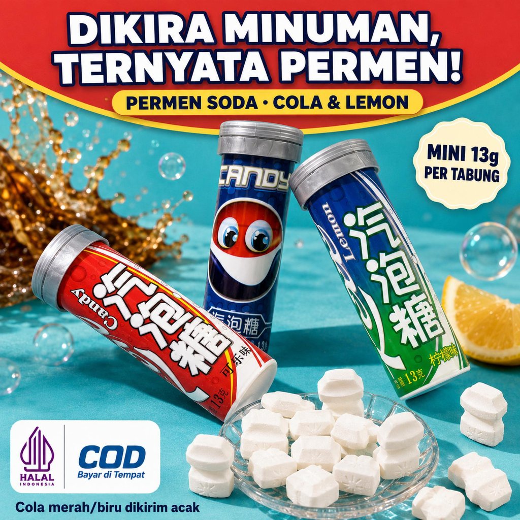 Halal | COD Permen Soda Mini Tabung | Cola, Lemon Soda, Cola Biru atau Campur | 1–8 PCS - Sprite