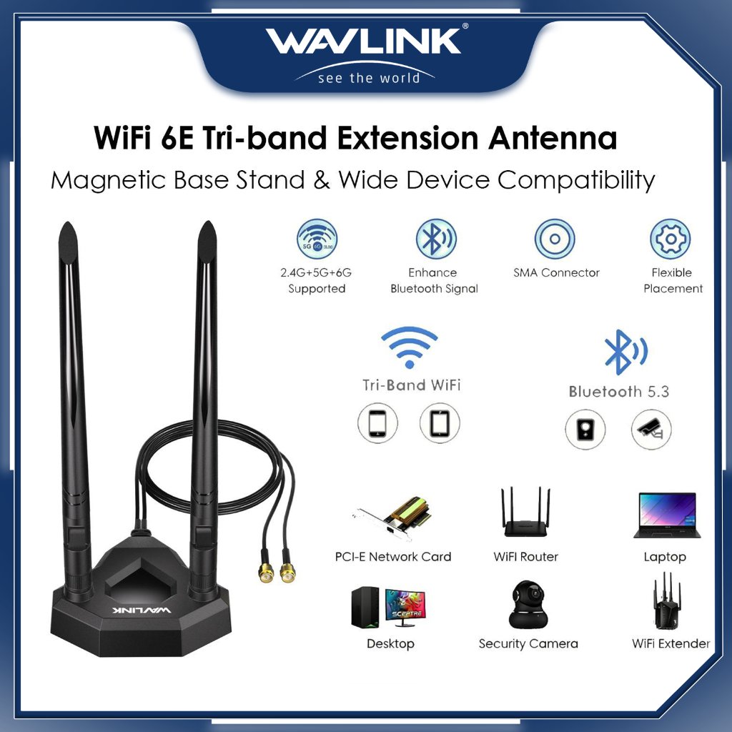 WAVLINK WiFi 6E Tri-band Extension Antenna, 2.4GHz + 5GHz + 6GHz WiFi Antenna with Magnetic Base and
