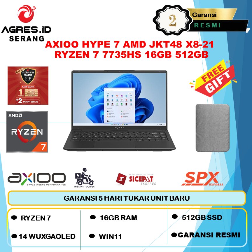 Axioo hype 7 amd jkt48 X8-21 Ryzen 7 7735hs 16GB 512GB W11 14.0Fhd Ips