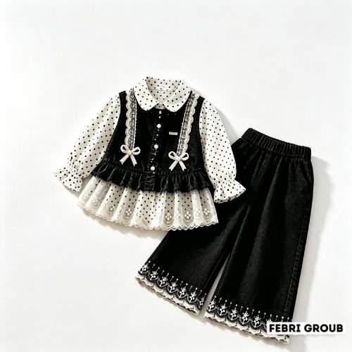 Setelan Baju Anak Perempuan Trendy Celana Kulot Levis Jeans Kemeja Polkadot Outer Renda Layer Bros P