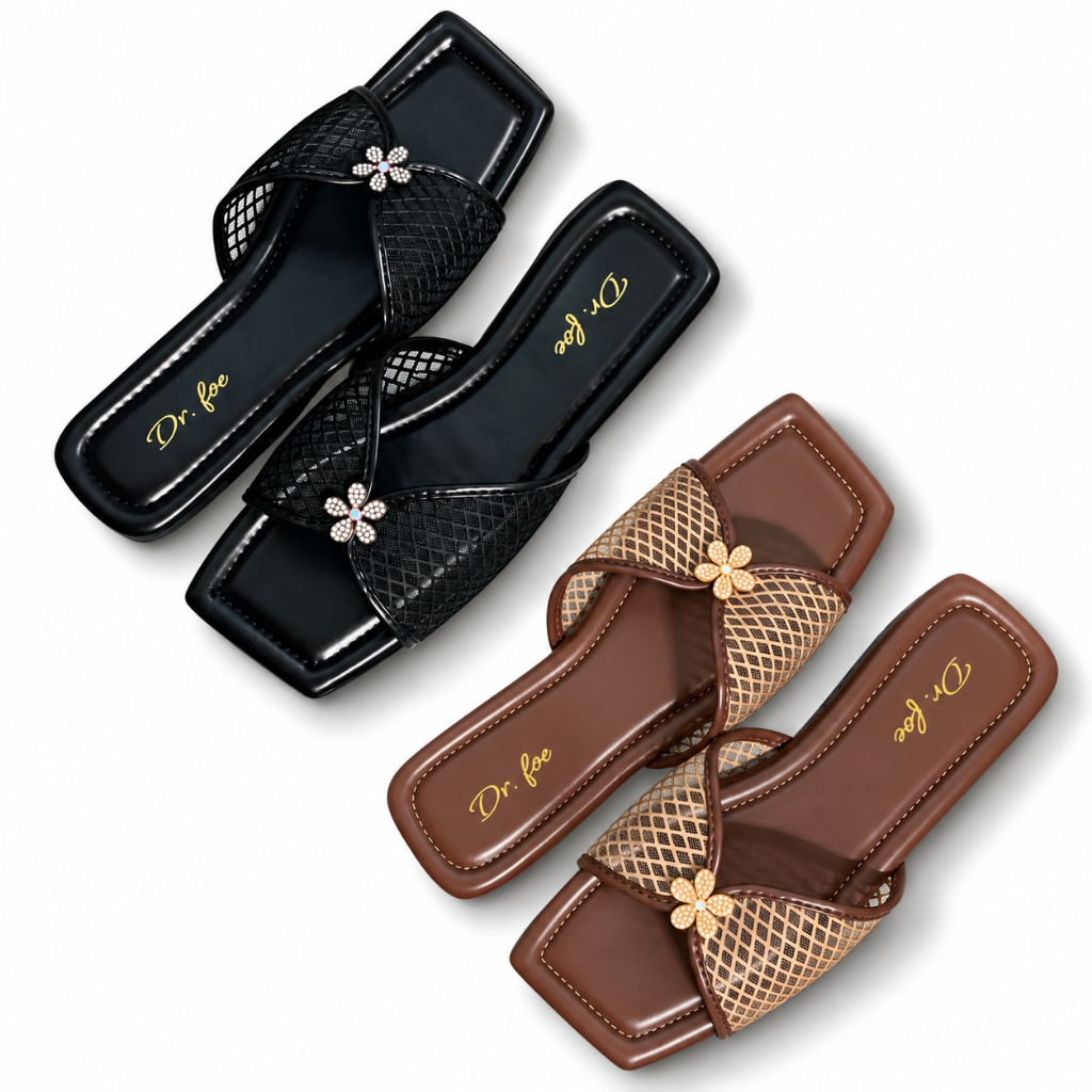 Dr. Foe Sandal Wanita Flat Mesh Diamond Aksen Bunga DF86