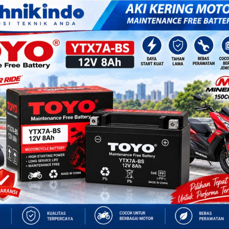 Aki Kering Motor Merk TOYO Type YTX7A-BS 12V 8Ah Dijamin Baru dan Original Bergaransi Cocok Untuk Mo