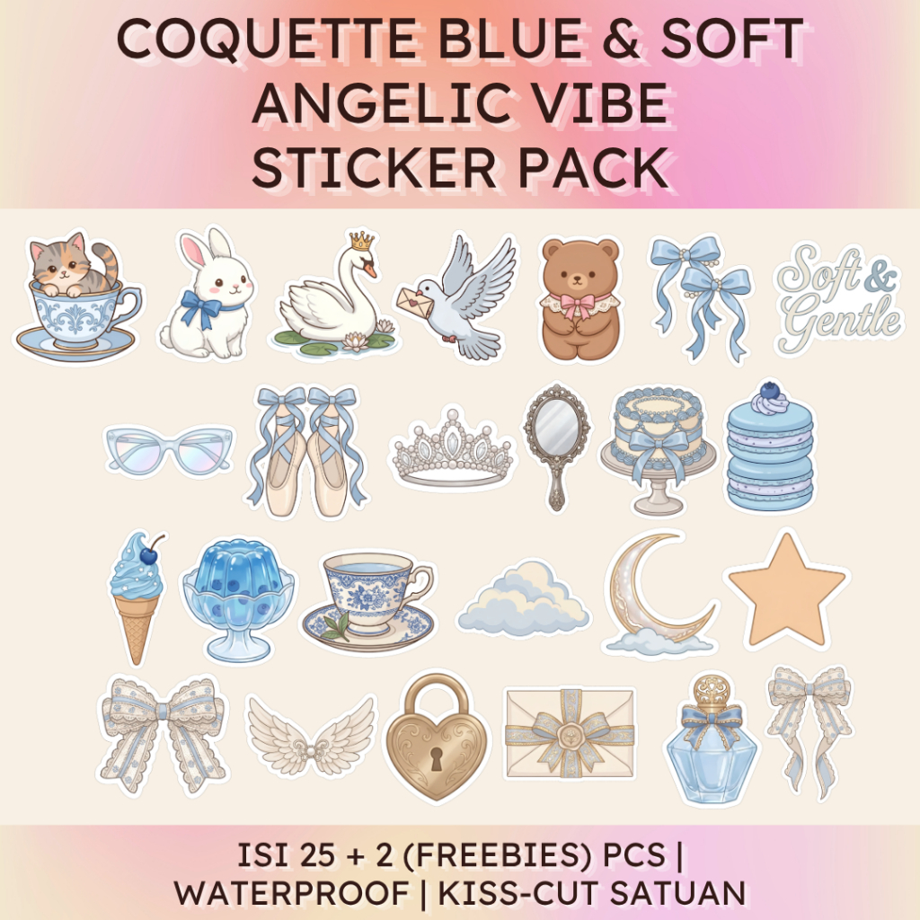 (16) Stiker Aesthetic Coquette Blue & Soft Angelic Vibe Pack Isi 25+2 Pcs Vinyl Waterproof Die-Cut S