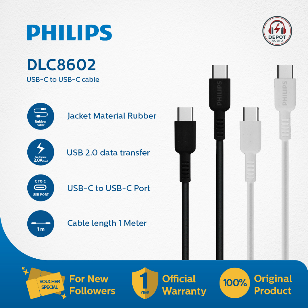 Philips DLC8602 USB-C to C Cable Charge 2.0 Data Transfer 1M