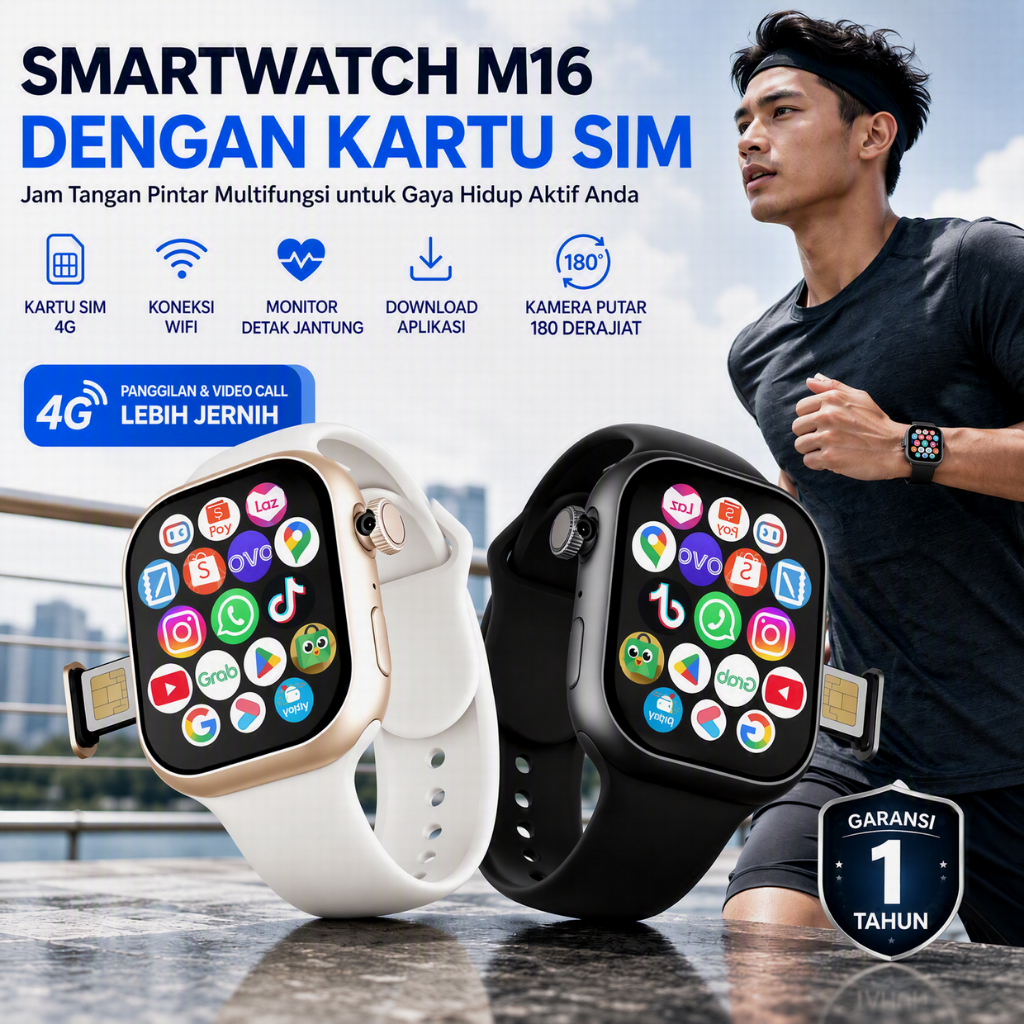 Smartwatch M16 dengan Kartu SIM 4G Jam Tangan Pintar Multifungsi Monitor Detak Jantung