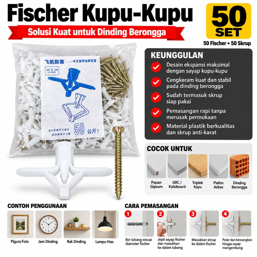 Paket 50 Set Fischer Kupu-Kupu Gipsum + Skrup / Fisher Viser Gypsum Plafon Tembok Berongga