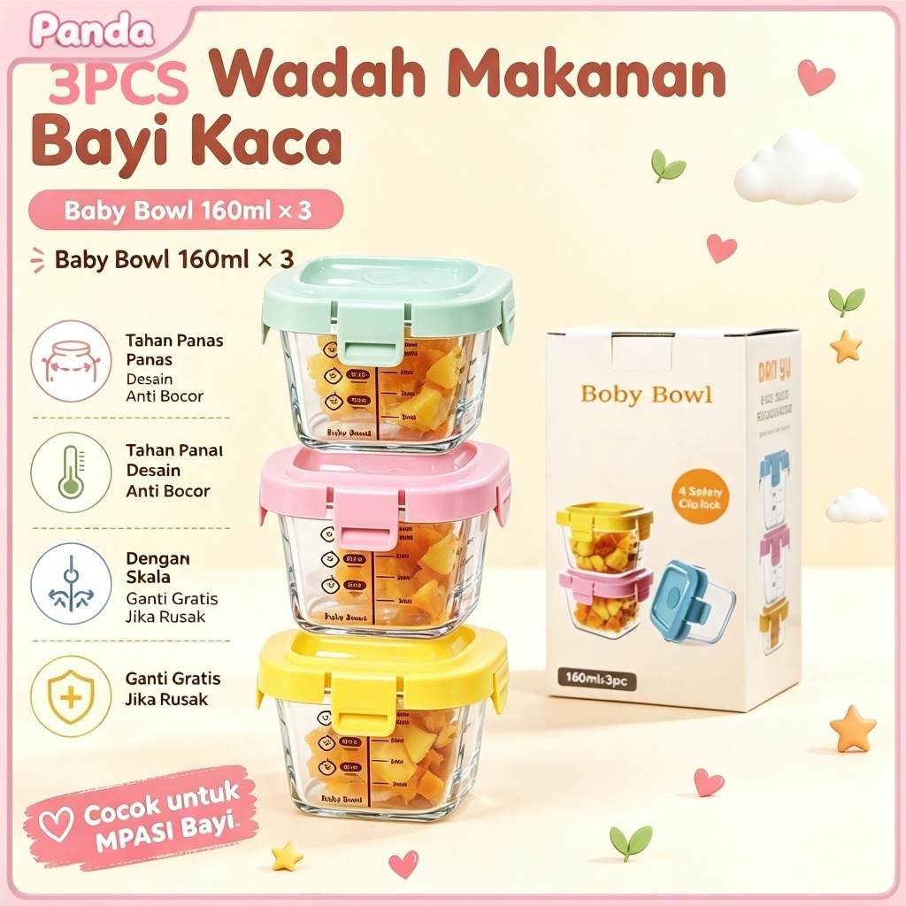 3PCS wadah suplemen makanan bayi wadah kaca Wadah tertutup makanan padat