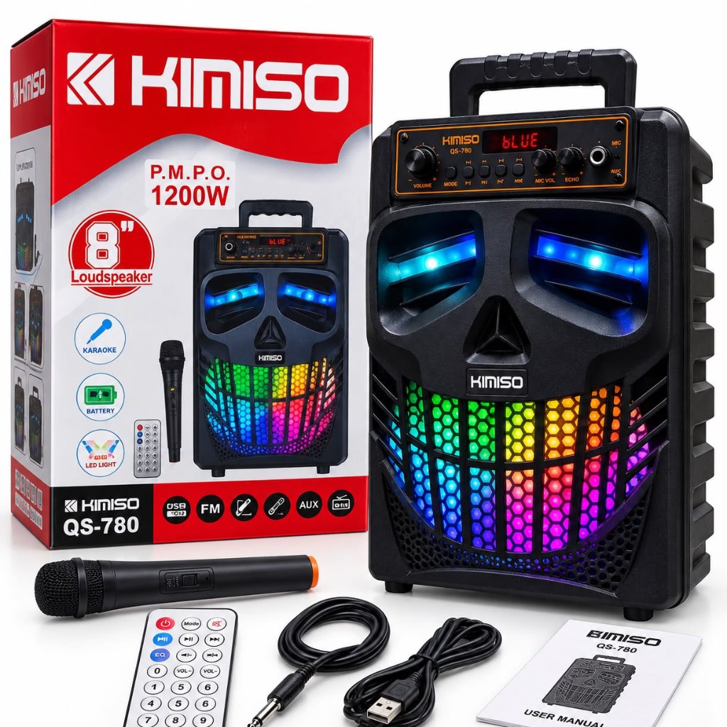 Speaker Karaoke KIMISO QS-780 8 Inci dengan Mikrofon Nirkabel Pencahayaan LED Warna-warni