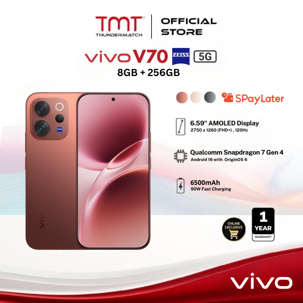 [ Gratis Ongkir ] Vivo V70 5G (8GB+256GB) 10x Telephoto Zoom, AI Stage Mode, 4K 60 fps Video Recording, AI Travel Portrait, OriginOS 6.0