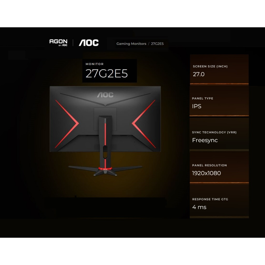 LCD Gaming Monitor AOC 27G2E5 Frameless 27" IPS FHD Support AMD Freesync Lengkap 2x HDMI Port, 1x VG